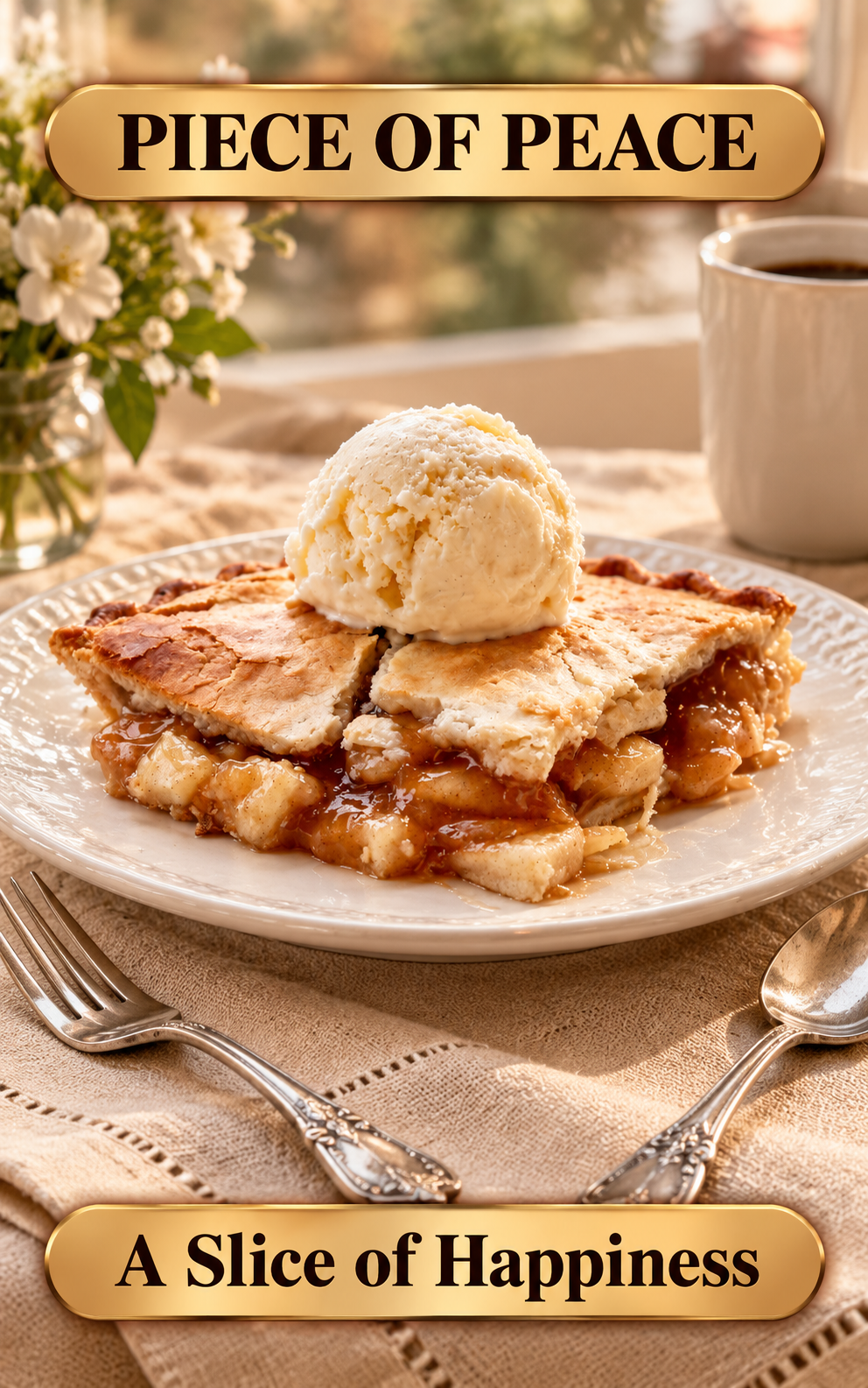 A warm slice of apple pie with ice cream